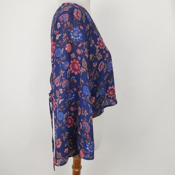 Forever 21 Blue Floral Long Sleeve Corset Back Crop Top V-Neck Bell Sleeve L - Picture 2 of 5